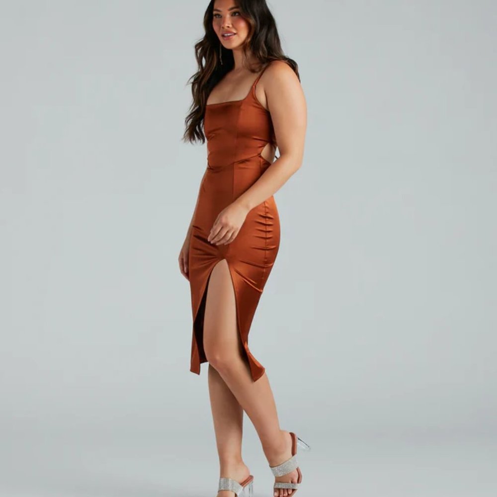 Windsor Mocha Satin Midi Cocktail Dress